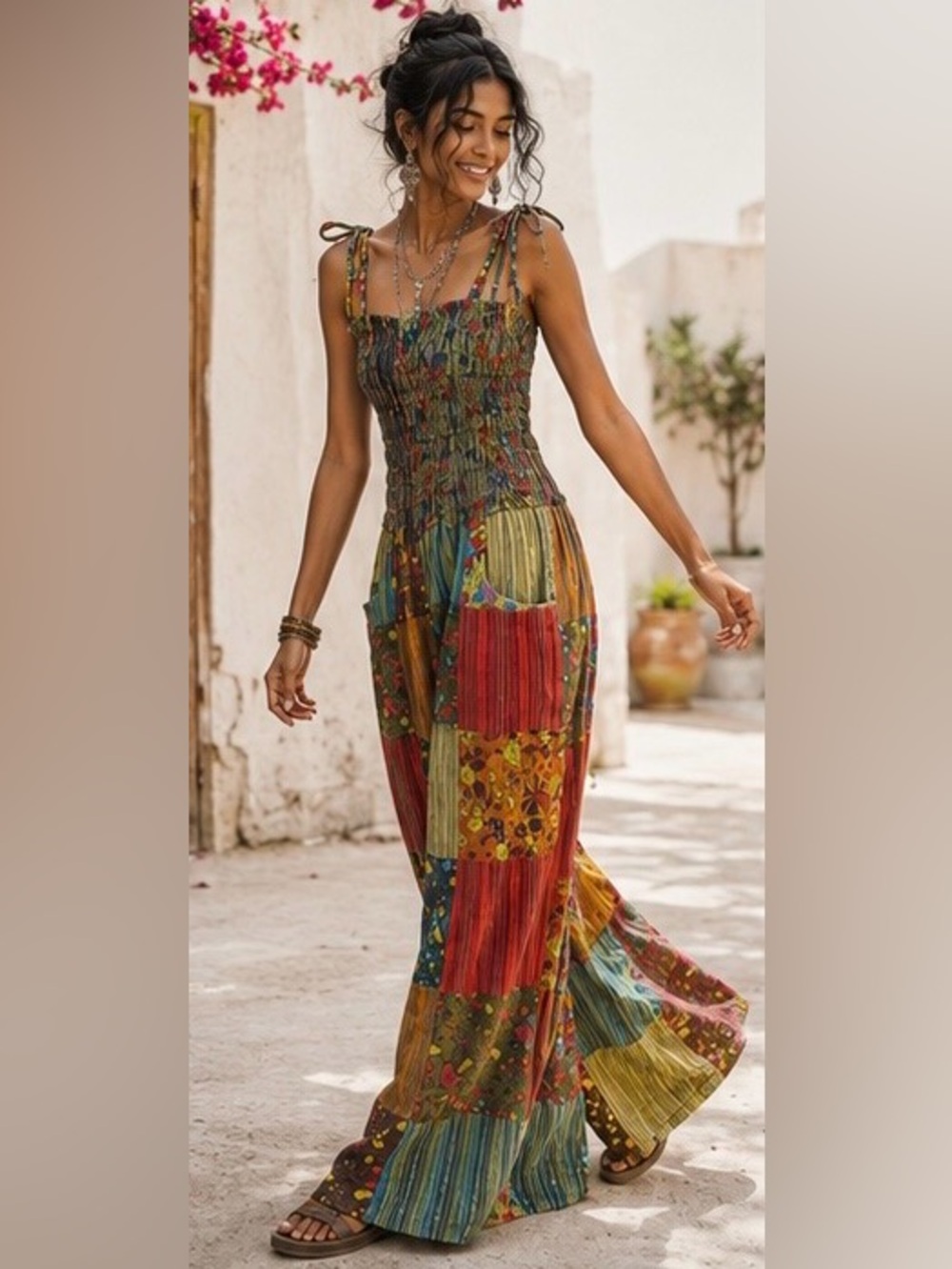 Kathmandu Boho Patchwork Wide Leg Jumpsuit Hippie Festival Cottagecore | OS